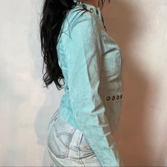 VINTAGE RARE BLUE DYED 100% LEATHER RIVETED COAT - Picture 4 of 5